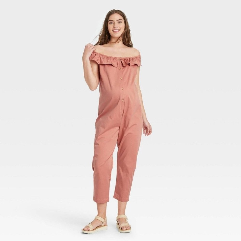 The Nines by HATCH Flounce Short Sleeve Off the Shoulder Button-Front Maternity
